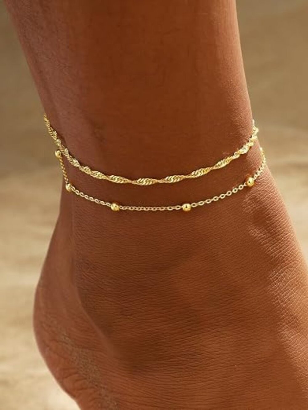 2/3 Pcs Gold Anklets Women 14K Gold Plated Cuban Link Beaded Stackable